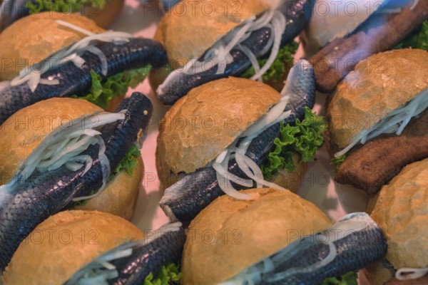 Hamburg, Germany, fish burger in shop at famous Hamburg fish market (Fischmarkt), Europe
