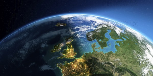Highly detailed Earth with atmosphere, exaggerated relief and light-flooded cities. Transition from night to day. United Kingdom and the North Sea. 3D rendering. Elements of this image furnished by NASA