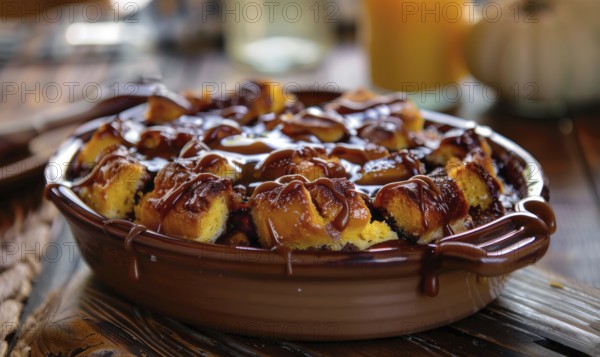 A pumpkin bread pudding with a caramel drizzle served in a baking dish AI generated