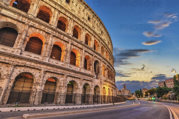 Rome Italy sunset city skyline at Rome Colosseum