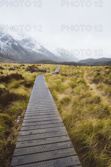 Wooden walkway through a landscape surrounded by grass with snow-capped mountains in the background, Hooker Valley Track, New Zealand, Oceania
