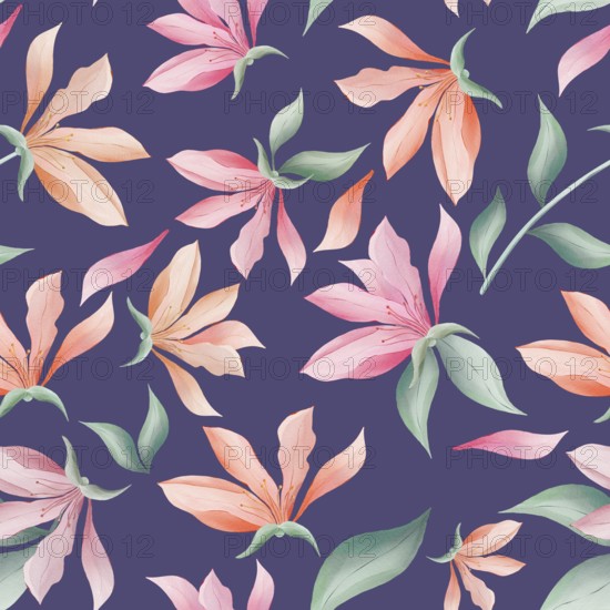 Magnolia flowers and leaves on dark purple background watercolor painting, seamless repeat pattern