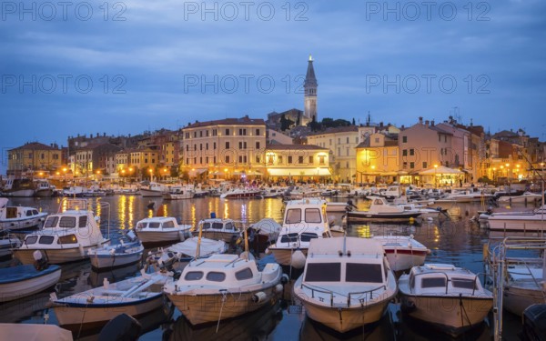 View of Rovinj in Croatia with boats at the port