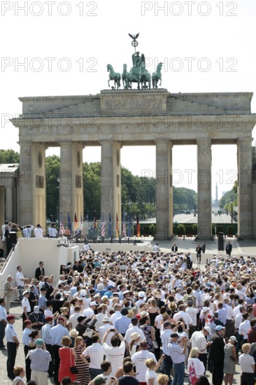 President Barack Obama delivering his speech at Pariser Platz square in front of the Brandenburg Gate, Berlin, Berlin, Germany, Europe