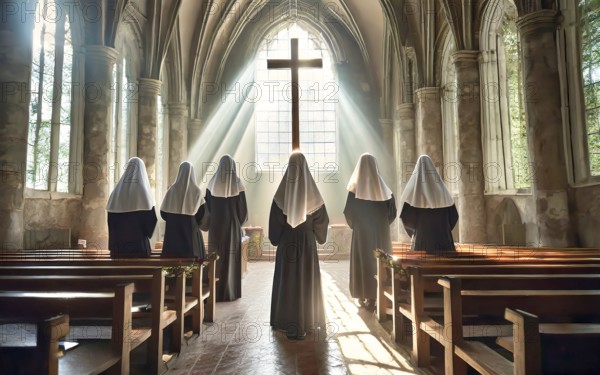 Catholic nuns at morning devotions in a chapel flooded with light, KI generated, AI generated