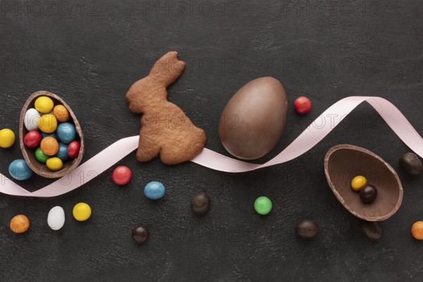 chocolate egg easter bunny shaped cookie with candy