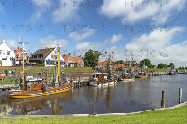 Crab cutter in the port of Greetsiel, Krummhörn, East Frisia, Lower Saxony, Germany, Europe
