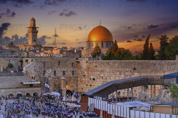 Jerusalem Israel. Dome of the rock, temple mount and wailing wall at sunset