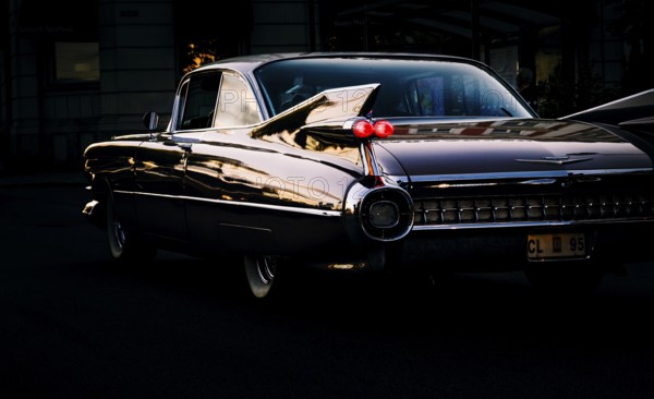 American classic car, Cadillac Coupe de Ville from 1959, night shot, Arvika, Värmland, Sweden, Europe