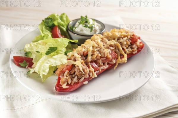 Red bell pepper baked with rice, tuna, tomatoes and cheese, lettuce salad and dip on a white plate and napkin