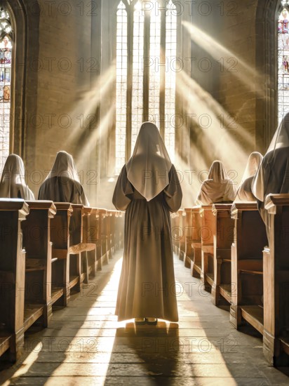 Catholic nuns at morning devotions in a chapel flooded with light, KI generated, AI generated