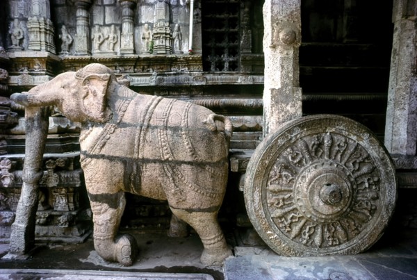 Sarangapani temple sanctum sanctorum built like a chariot with beautifully sculpted elephant drawing it in Kumbakonam, Tamil Nadu, India, Asia