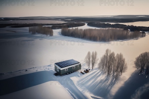 Trailer outdoors in winter in the forest with a solar panel on the roof. The concept of life outside civilization, AI generated