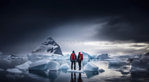 Two travelers with backpacks and winter clothes on an ice floe on a glacier in winter. Couple travels to Antarctica, AI generated