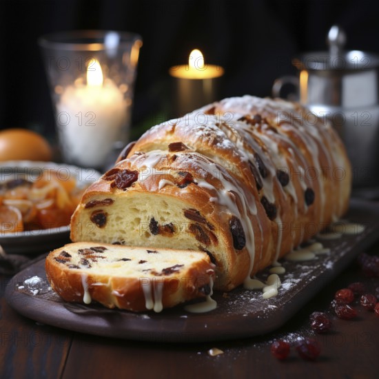 Christmas stollen in a festive setting, AI generated