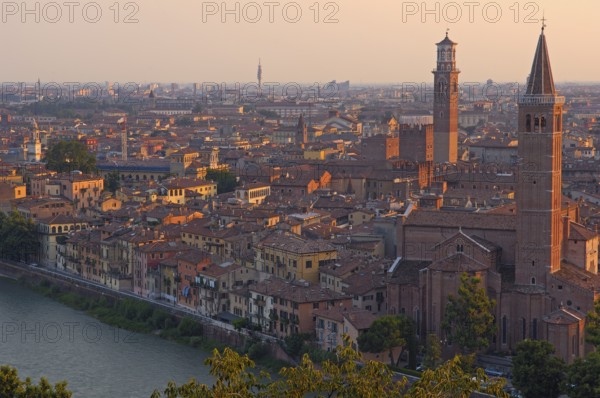 Verona, Santa Anastasia church, Lamberti tower, Adige River, Torre de Lamberti, Veneto, Italy, Europe