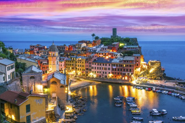 Picturesque town of Vernazza, in the province of La Spezia, Liguria, Italy after sunset