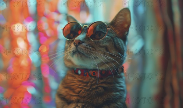 Cat with red sunglasses against a colorful bokeh background AI generated