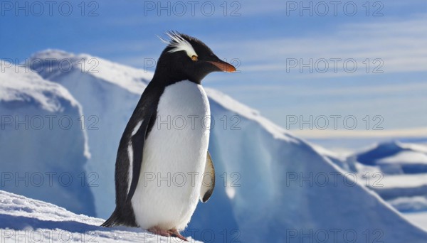 AI generated, animal, animals, bird, birds, biotope, habitat, one, individual, blue sky, winter, ice, snow, foraging, wildlife, summer, seasons, southern rockhopper penguin (Eudyptes chrysocome)