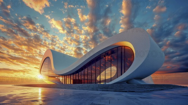 Innovative building with curved glass facade during a colorful sunset, AI generated