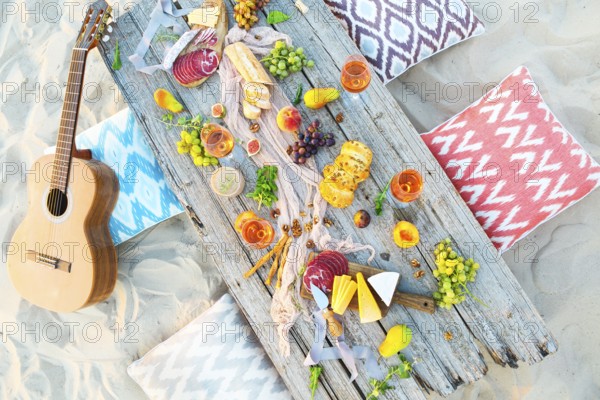 Top view beach picnic table outdoors. Beach party