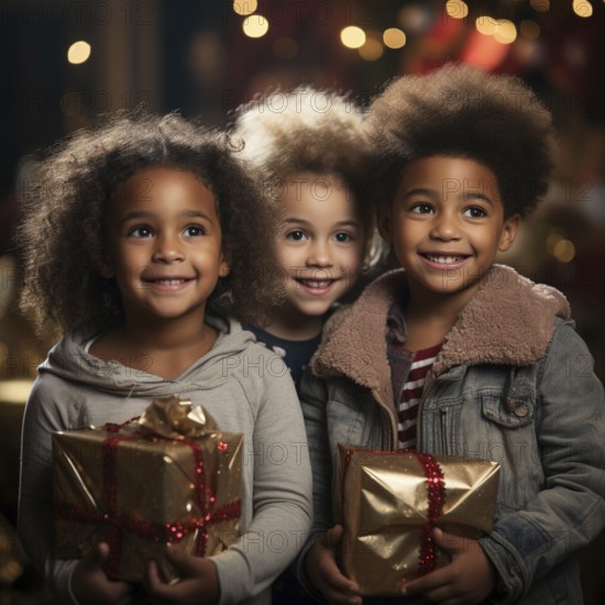 Christmas, children and family celebrate Christmas with gifts under a Christmas tree, ai generated