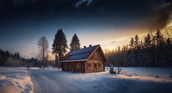 Solar battery on the roof of a village house in winter in nature. autonomous power supply at home, AI generated