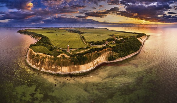 Drone view of lighthouses in sunset from northern part of island of Ruegen, called Kap Arkona