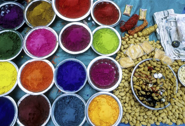 Color powder and Pooja things for sale in Chidambaram, Tamil Nadu, South India, India, Asia