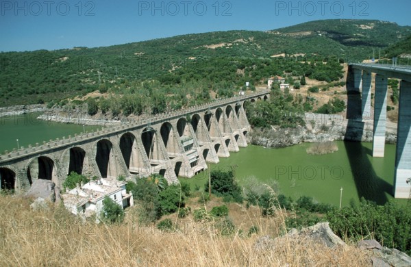 Dam and Omodeo lake, Sardinia, Italy, dam of the Omodeo reservoir, Sardinia, Italy, Europe, lake, landscapes, overview, landscape, horizontal, dam, Europe