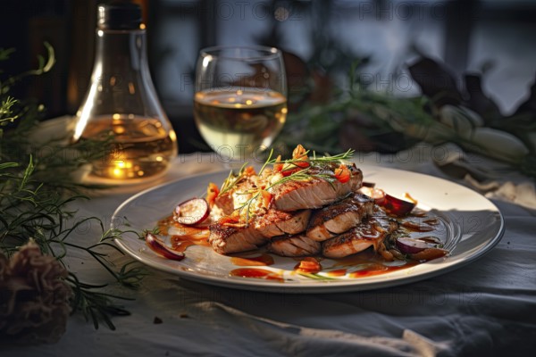 Grilled meat served on a plate with delicious decoration, KI generated, AI generated