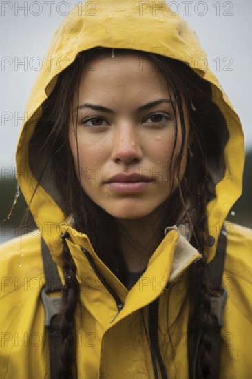 Young woman, dripping wet, brown hair in yellow rain jacket with hood, serious look, rain, Weter, KI generated, AI generated