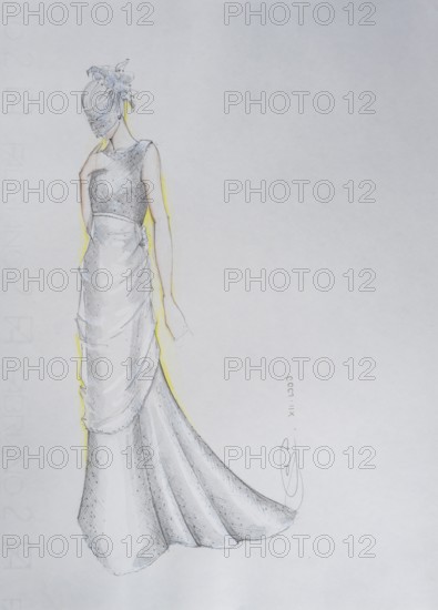 Fashion sketch, fashion design, women's fashion, haute couture, fashion collection, wedding dresses, pencil drawing, watercolour pastel, watercolour, pastel, on paper, elegant, feminine, slim