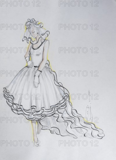 Fashion sketch, fashion design, women's fashion, haute couture, fashion collection, wedding dresses, pencil drawing, watercolour pastel, watercolour, pastel, on paper, elegant, feminine, slim