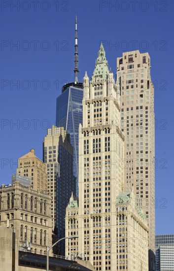 Skyscrapers Woolworth Building, Four Seasons Hotel, One World Trade Centre, Manhattan, Brooklyn, New York City, New York, USA, North America