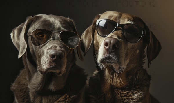Two Labrador Retrievers wearing sunglasses with dramatic lighting AI generated