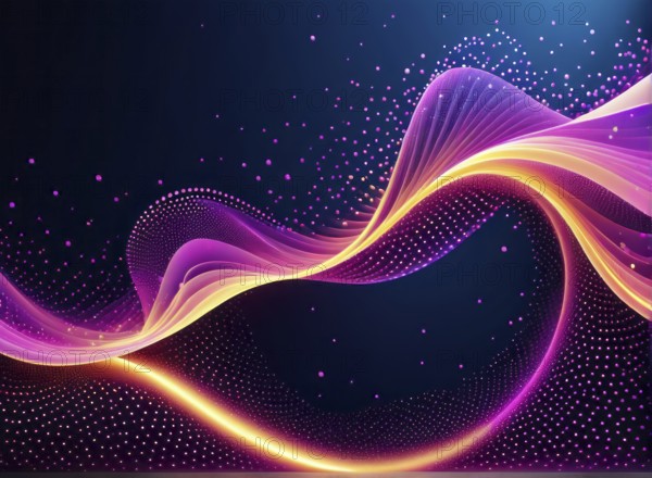 Colorful neon waves with particle effects on a dark background flow in pink and yellow hues, AI generated