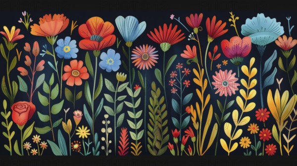 A floral illustration with colorful flowers and greenery on a dark background, creating a vibrant night garden feel, AI generated