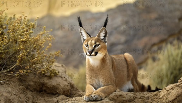 AI generated, animal, animals, mammal, mammals, biotope, habitat, a, individual, foraging, wildlife, Africa, South Africa, Asia, Central Asia, steppes, cat, cats, predator, caracal, desert lynx, caracal caracal), rests, hunts. jumps, Africa