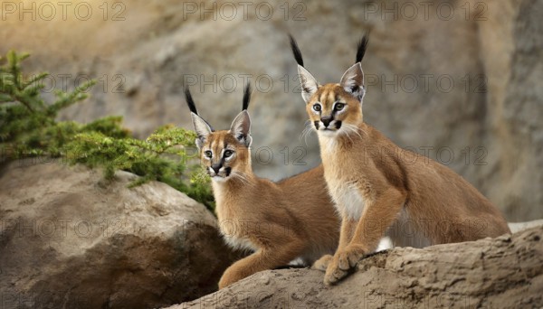 AI generated, animal, animals, mammal, mammals, biotope, habitat, two, female, young, foraging, wildlife, Africa, South Africa, Asia, Central Asia, steppes, cat, cats, predator, caracal, desert lynx, caracal caracal), lie on rocks and watch, Africa