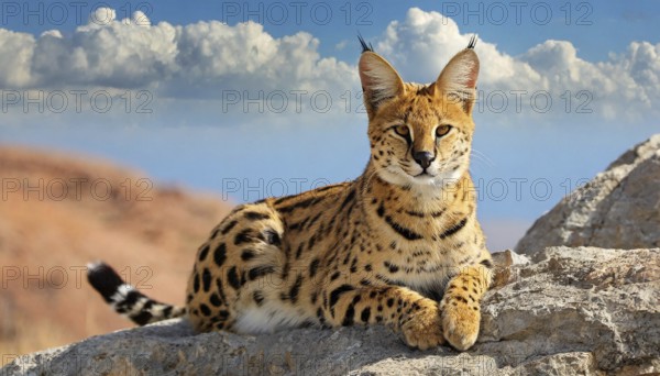 AI generated, animal, animals, mammal, mammals, biotope, habitat, a, individual, foraging, wildlife, caracal, caracal (Caracal caracal), lynx, lynxes, rests on rocks, resting