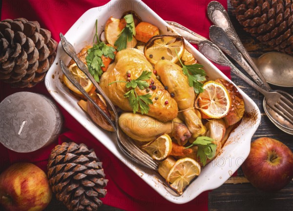 Roasted chicken. Christmas food. Rustic celebration table with roasted chicken, vegetables, apples, decorated with candles, vintage cutlery. Christmas/Thanksgiving dinner. Festive dinner. Top view