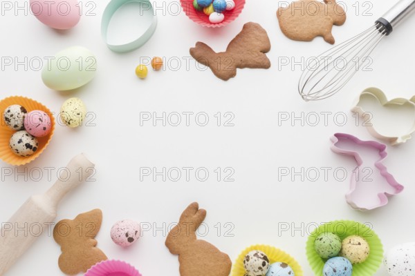 Top view cookies easter kitchen utensils frame