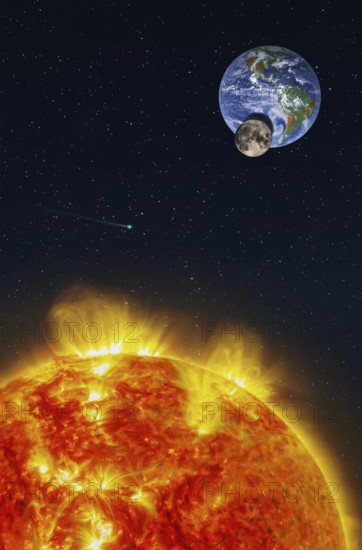 Fantasy composition of a solar eclipse seen from the Sun with the Moon projecting its shadow on the planet Earth. A comet runs in a stars field. Elements of this image furnished by NASA