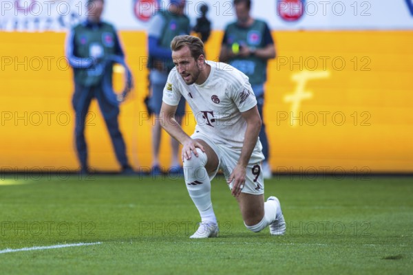 Football match, striker Harry KANE Bayern Munich kneeling on one leg while getting up after a missed chance, Voith-Arena football stadium, Heidenheim