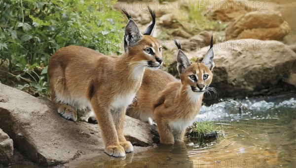 AI generated, animal, animals, mammal, mammals, biotope, habitat, two, female, juvenile, foraging, wildlife, Africa, South Africa, Asia, Central Asia, steppes, cat, cats, predator, caracal, desert lynx, caracal caracal), rests, hunts. jumps, Africa