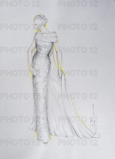 Fashion sketch, fashion design, women's fashion, haute couture, fashion collection, wedding dresses, pencil drawing, watercolour pastel, watercolour, pastel, on paper, elegant, feminine, slim