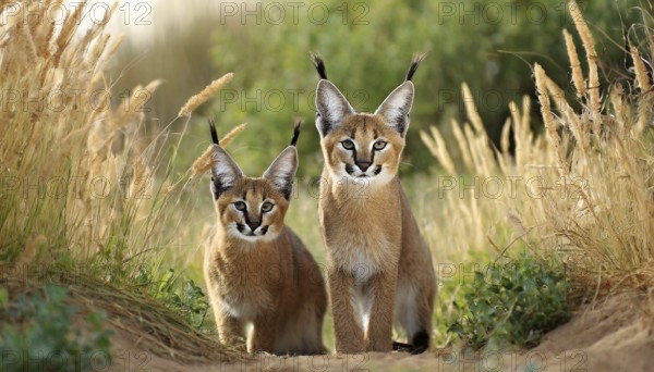 AI generated, animal, animals, mammal, mammals, biotope, habitat, two, female, juvenile, foraging, wildlife, Africa, South Africa, Asia, Central Asia, steppes, cat, cats, predator, caracal, desert lynx, caracal caracal), resting, Africa