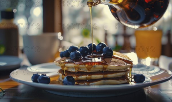 Fresh blueberry pancakes drizzled with maple syrup AI generated