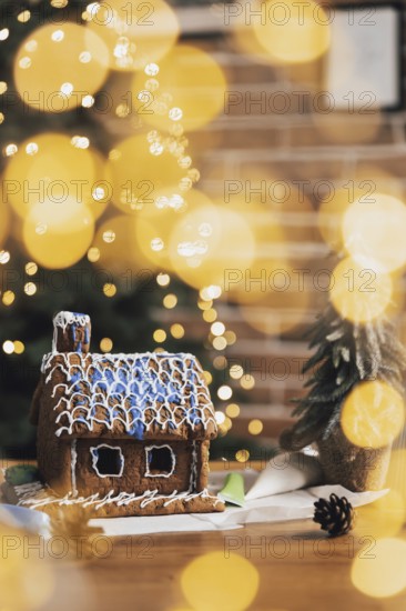 Little homemade gingerbread house with glaze standing on the table with decorations, candles and lanterns in living room decorated with New Year lights, Christmas fir tree. Wonderful holiday mood